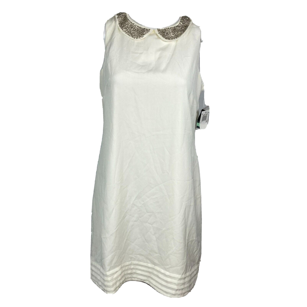 NWT Gabby Skye Dress Womens Sz 8 Sleeveless‎ Shift Ivory White Beaded Collar